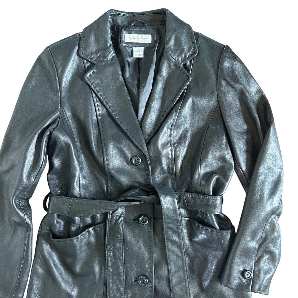 Vintage Preston & York Black Soft Leather Long Trench Jacket Women's Medium - Picture 2 of 7